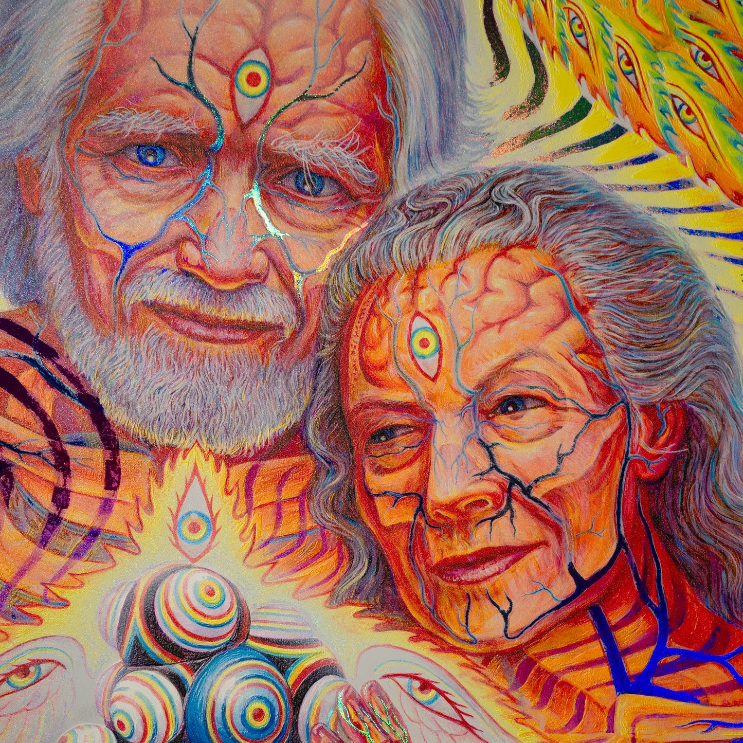 The Shulgins and their Alchemical Angels - Textured Foil Print on Metal