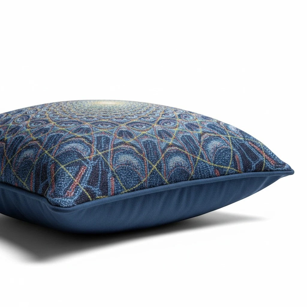 CoSM Shop Collective Vision woven pillow with blue, yellow, and red mandala pattern. Made from recycled cotton.
