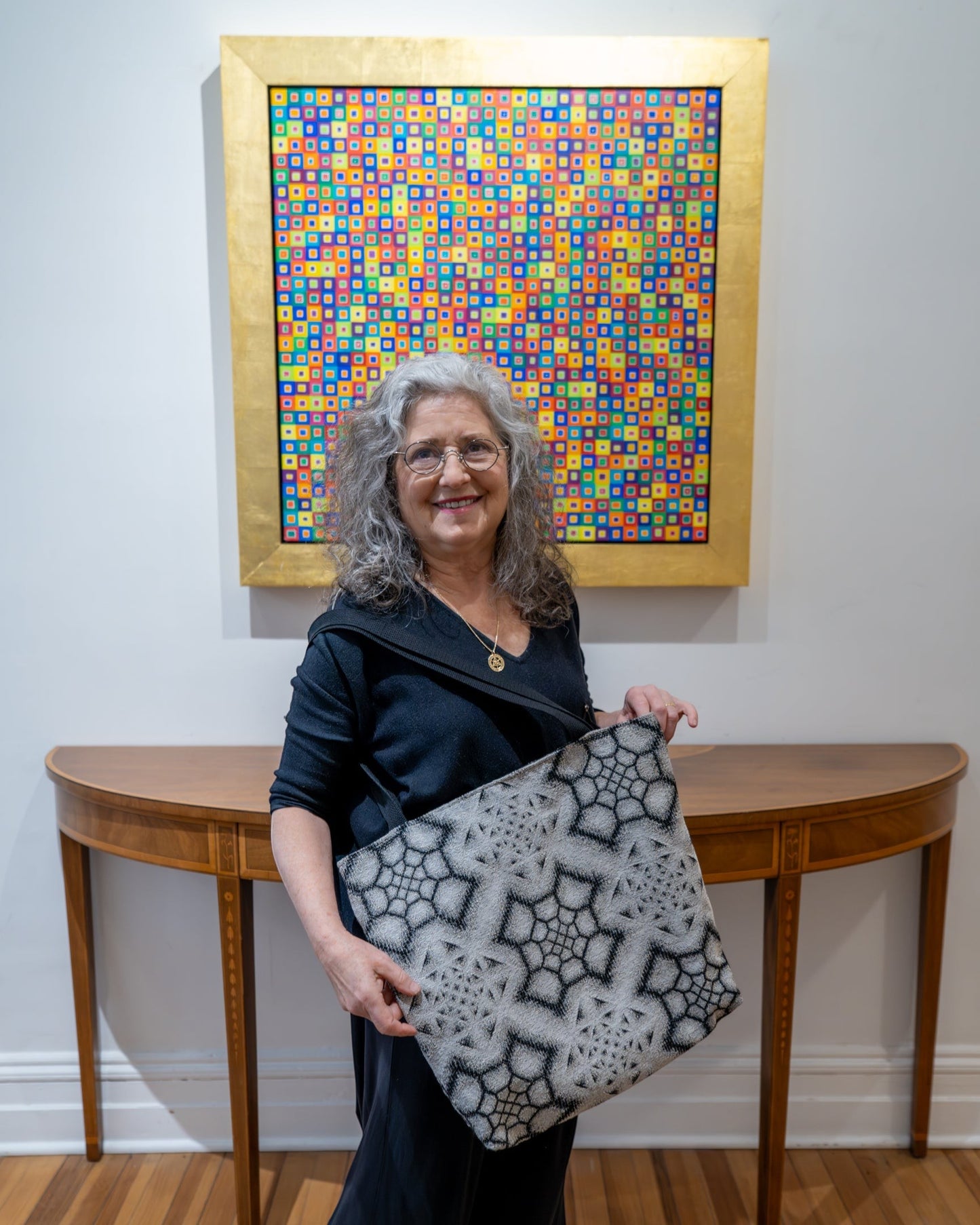 CoSM Shop Inkwash tote bag with black and white geometric tapestry exterior, made from 100% cotton.
