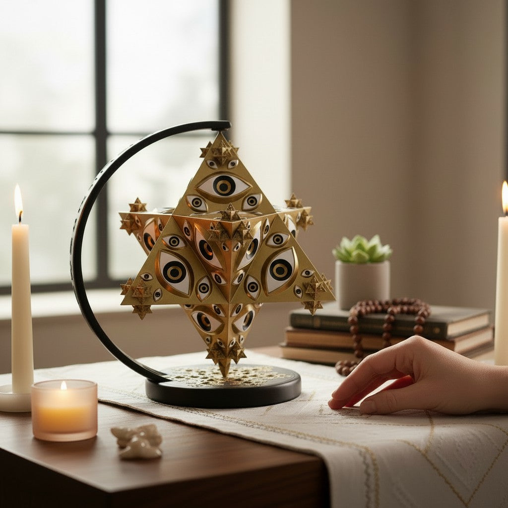 CoSM Shop Vision Crystal Prayer Wheel sculpture by Alex Grey & Allyson Grey, gold, 9.5" tall, limited edition.