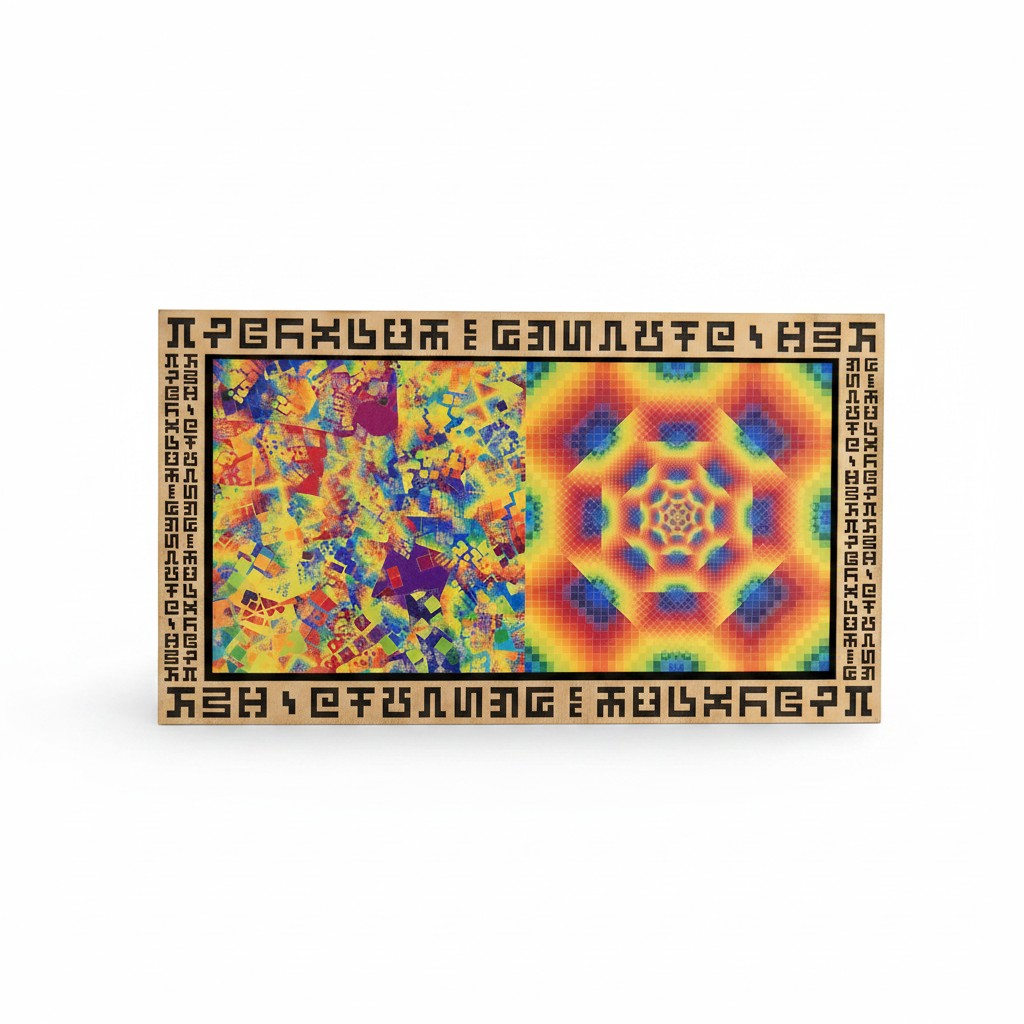 CoSM Shop limited edition metal print featuring abstract art with vibrant rainbow colors and geometric patterns. Signed by Allyson Grey.