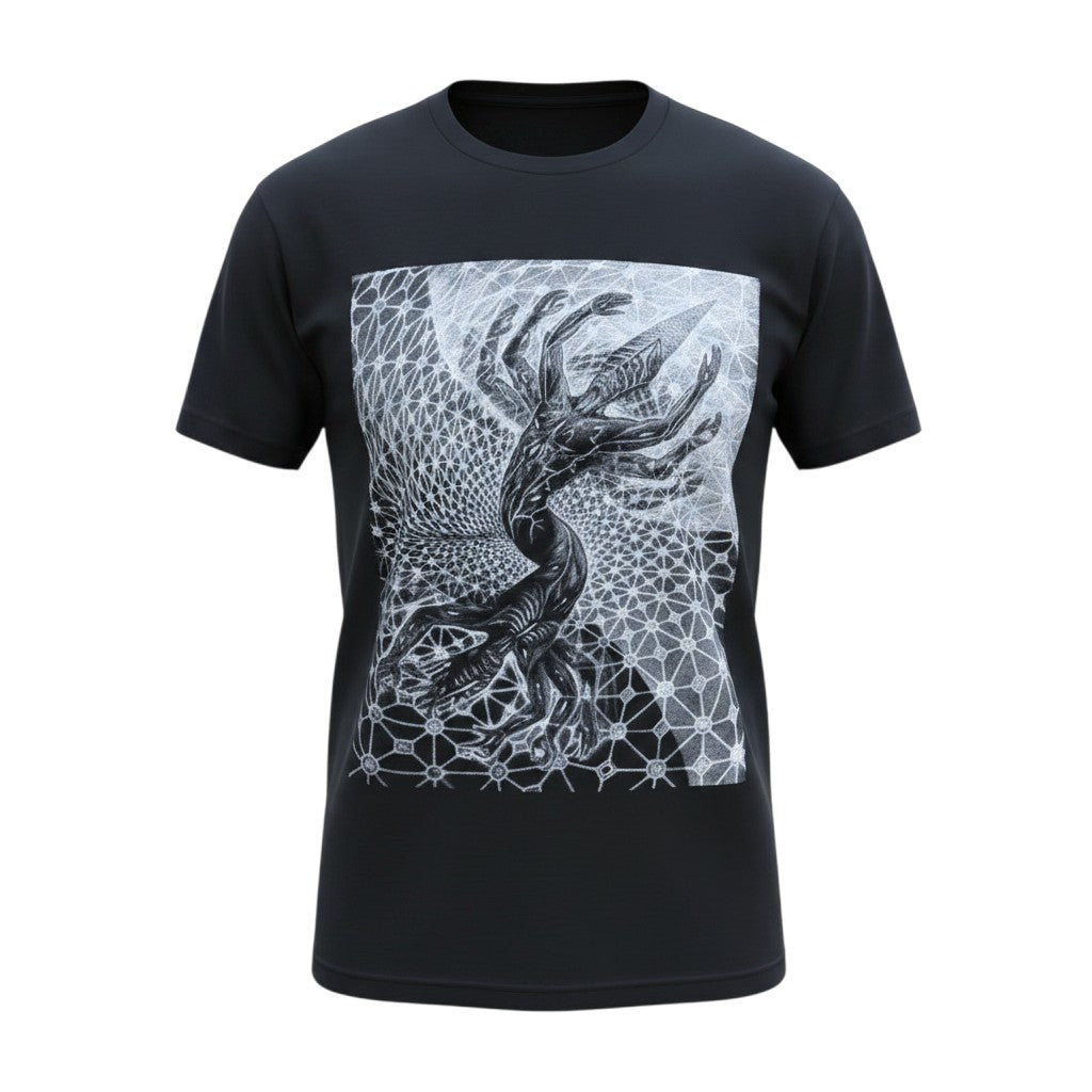 CoSM Shop black 100% cotton short sleeve tee with Alex Grey's 'Study for the Great Turn' art on front.