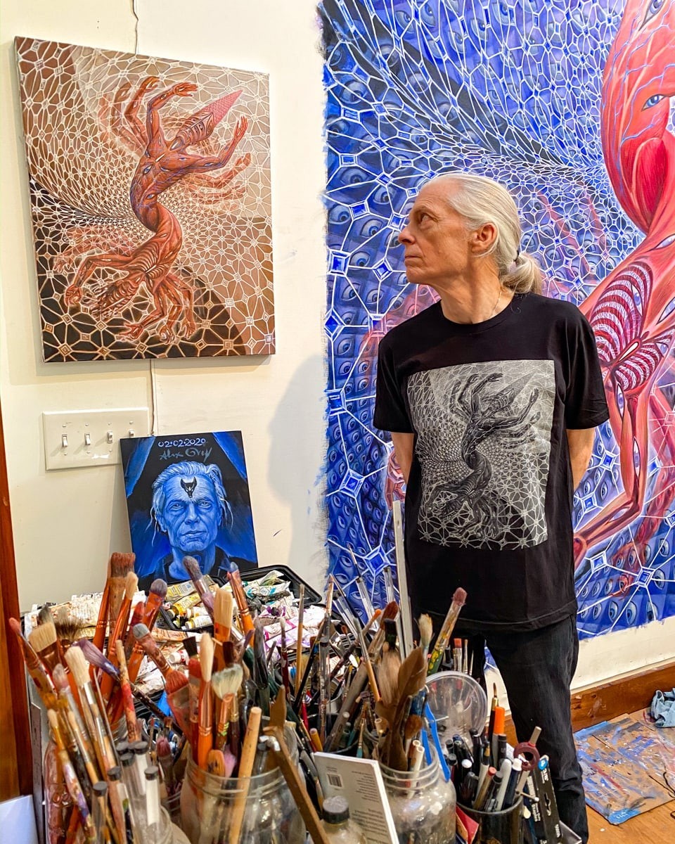 CoSM Shop black 100% cotton short sleeve tee with Alex Grey's "Study for the Great Turn" art on the front.
