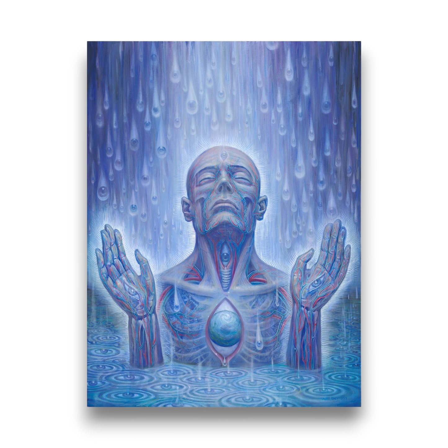 CoSM Shop Alex Grey's 'Baptism in the Ocean of Awareness' limited edition canvas print, 15x20 inches, depicting a figure in water under blue rain.