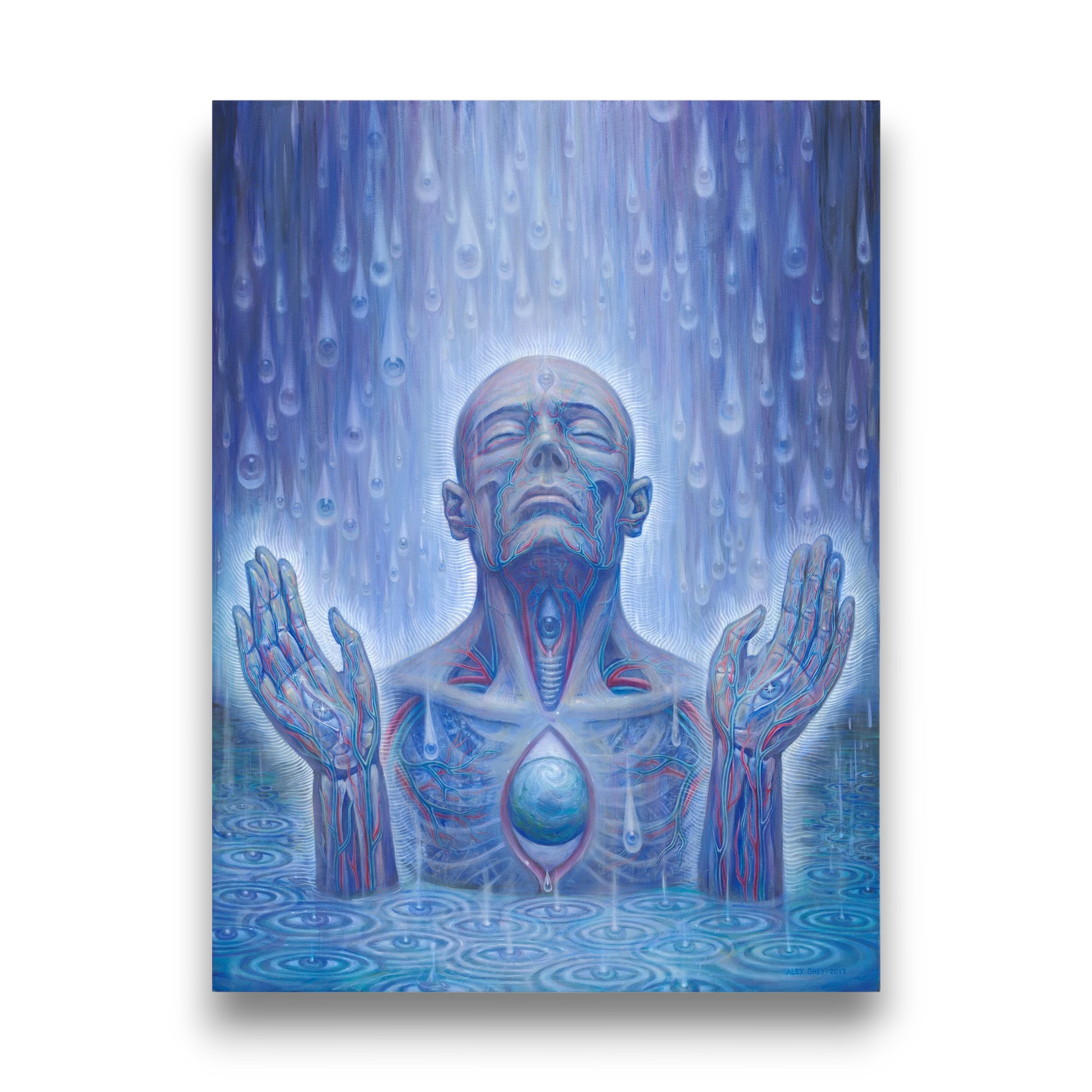 CoSM Shop Alex Grey's 'Baptism in the Ocean of Awareness' limited edition canvas print, 15x20 inches, depicting a figure in water under blue rain.