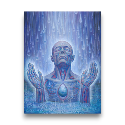 CoSM Shop Alex Grey's 'Baptism in the Ocean of Awareness' limited edition canvas print, 15x20 inches, depicting a figure in water under blue rain.