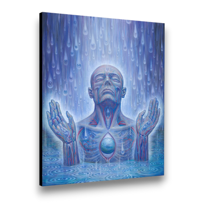 CoSM Shop Baptism in the Ocean of Awareness canvas print by Alex Grey. Features a man in water with eyes and anatomical details, under falling raindrops.