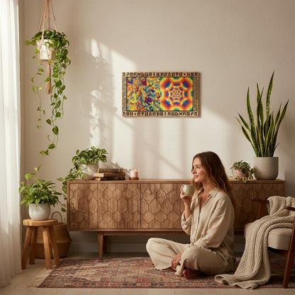 CoSM Shop limited edition metal print featuring abstract art with vibrant colors, geometric patterns, and unique script. Signed by Allyson Grey.