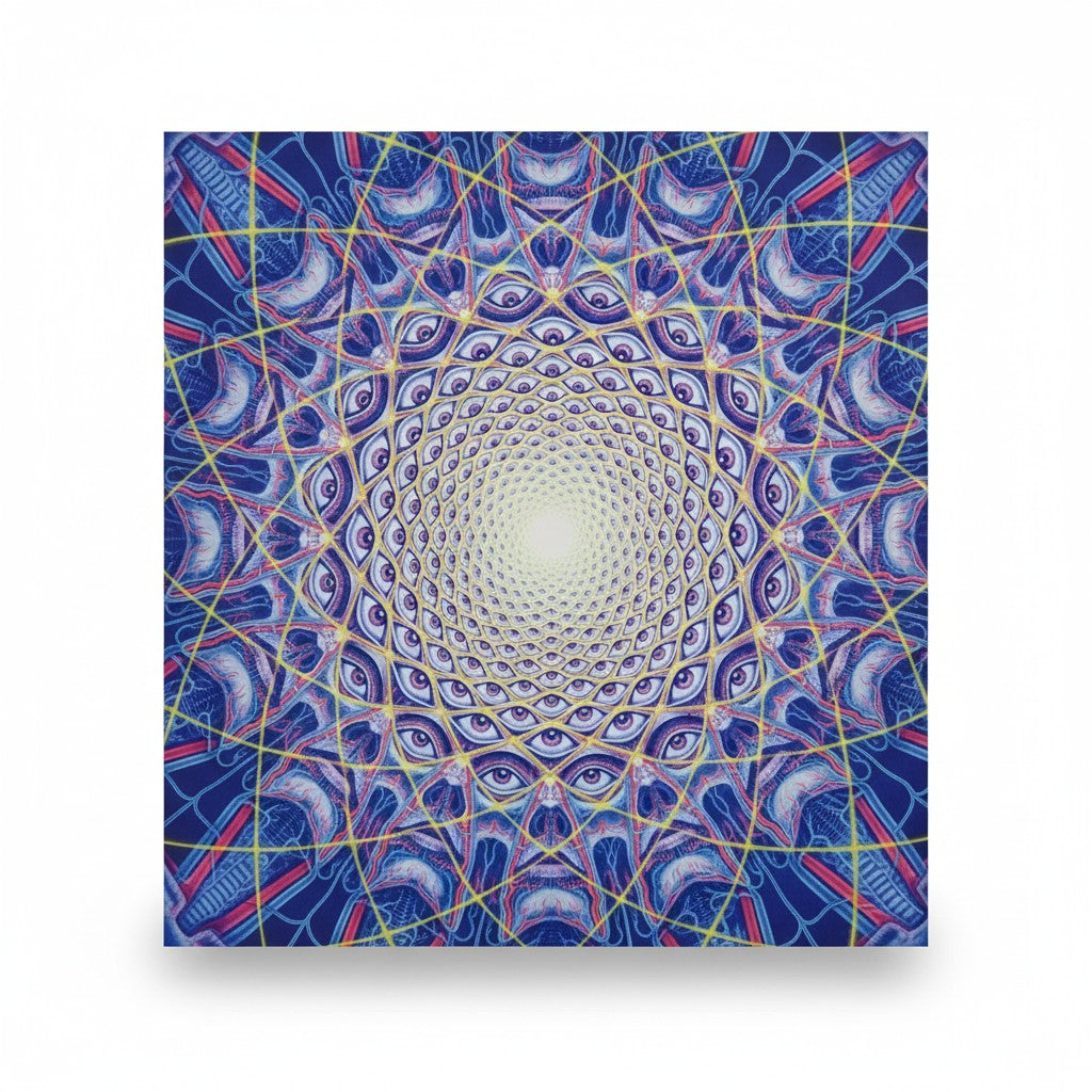 CoSM Shop Collective Vision holographic screen print featuring a blue mandalic eye-field design by Alex Grey