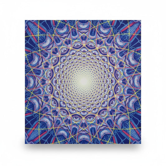 CoSM Shop Collective Vision holographic screen print featuring a blue mandalic eye-field design by Alex Grey