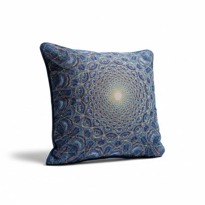 CoSM Shop Collective Vision woven pillow with a blue, eye-patterned mandala design, made from recycled cotton.