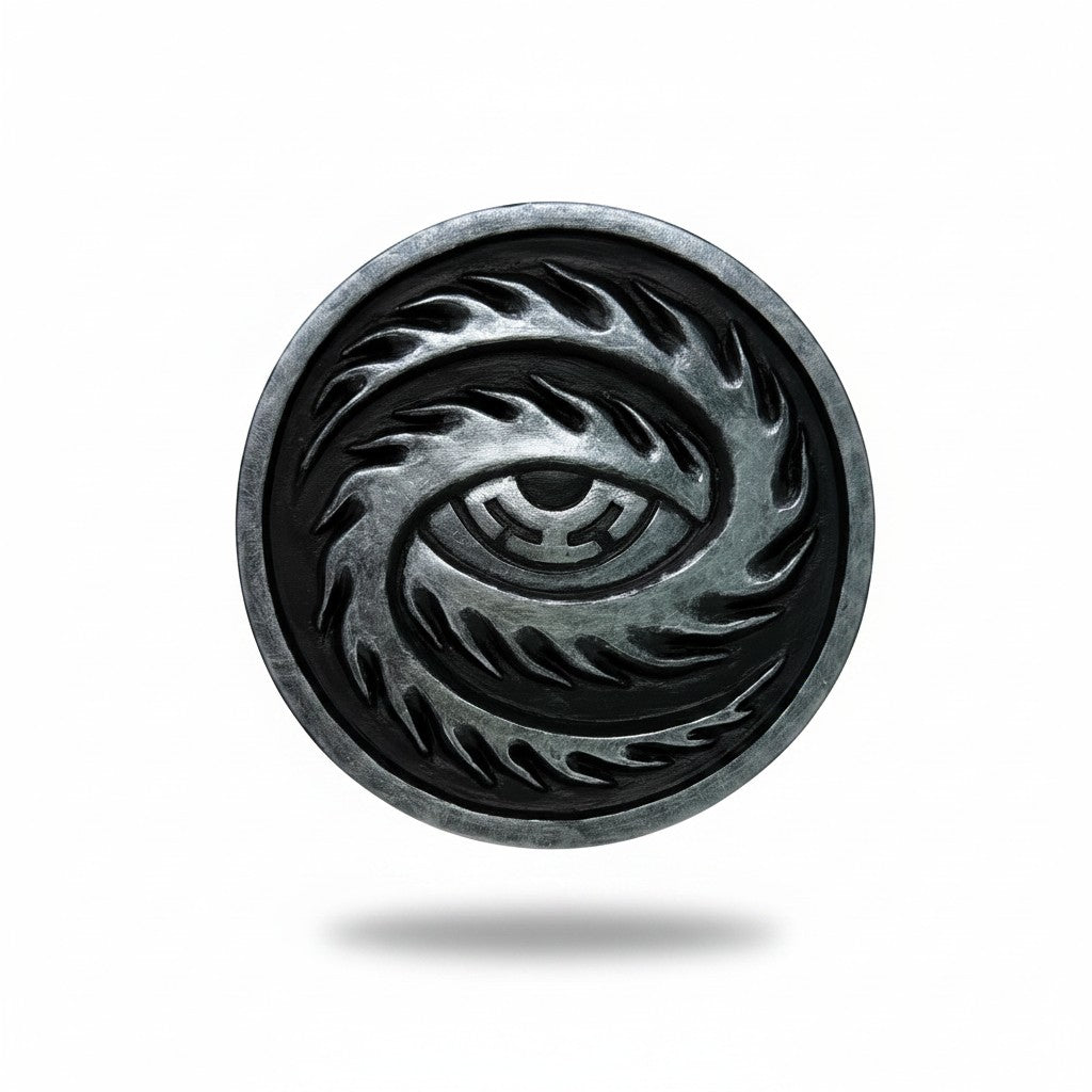 CoSM Shop Cosmic Eye wall emblem, hand-painted resin cast with a silver-grey finish, featuring a stylized eye motif.