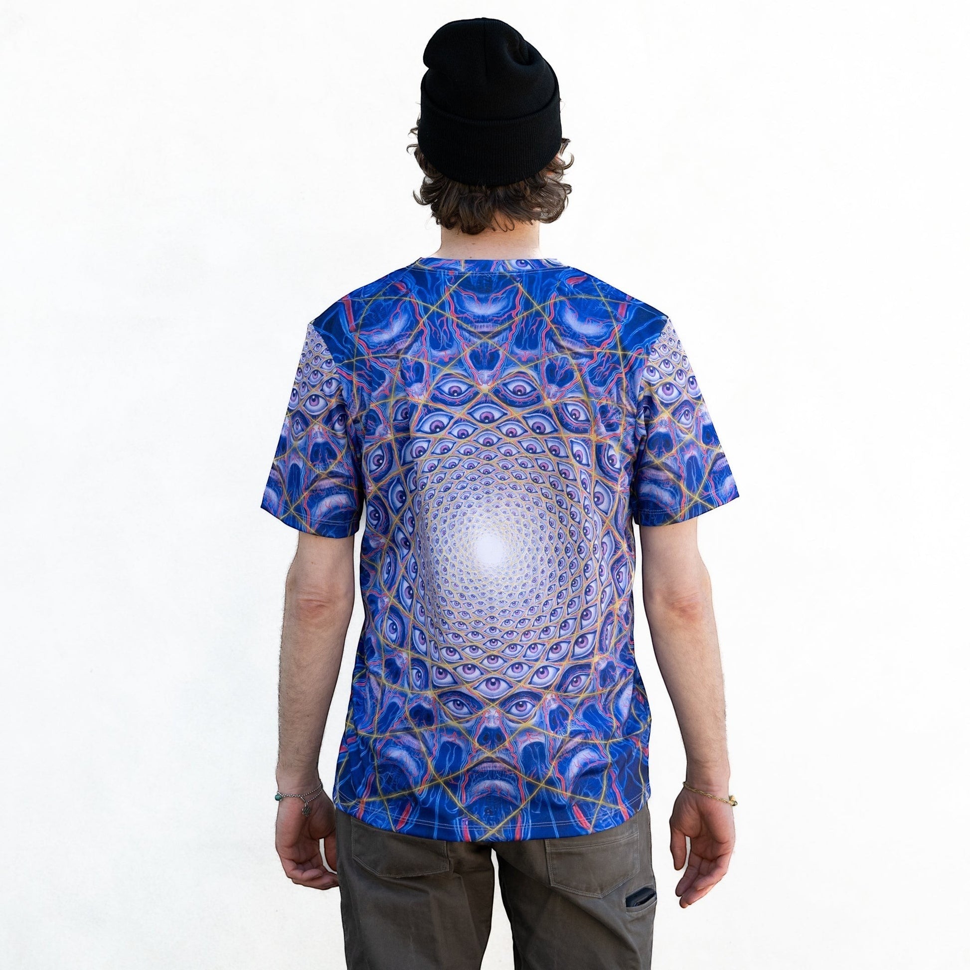 CoSM Shop blue all-over print dye-sub t-shirt with a psychedelic eye pattern and a white center vortex. Made of polyester.