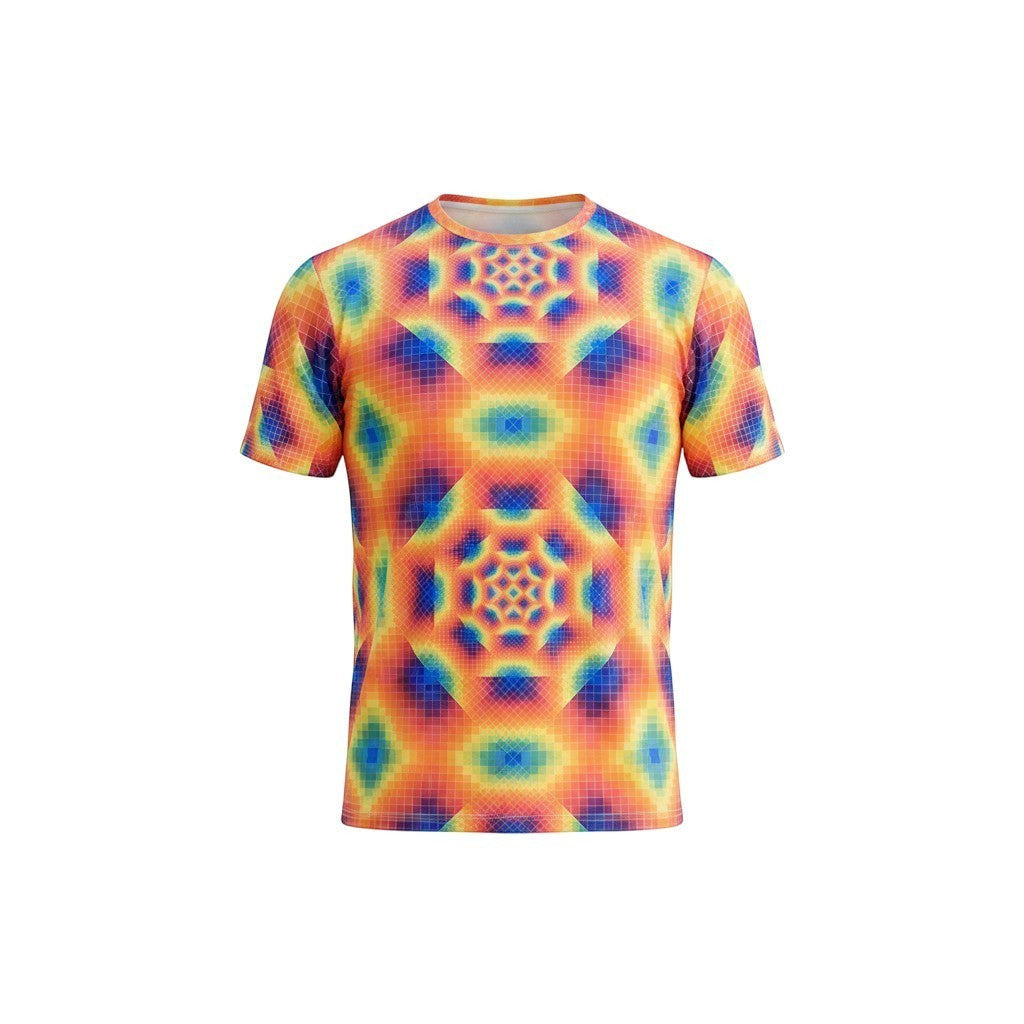 CoSM Shop men's short-sleeve t-shirt with a vibrant, geometric, all-over dye-sublimation print in orange, yellow, blue, and purple. Made of polyester.