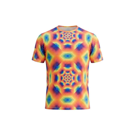 CoSM Shop men's short-sleeve t-shirt with a vibrant, geometric, all-over dye-sublimation print in orange, yellow, blue, and purple. Made of polyester.
