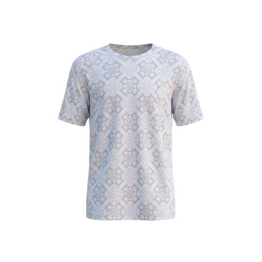 CoSM Shop men's all-over print dye-sub t-shirt in white and grey geometric pattern. 100% polyester.