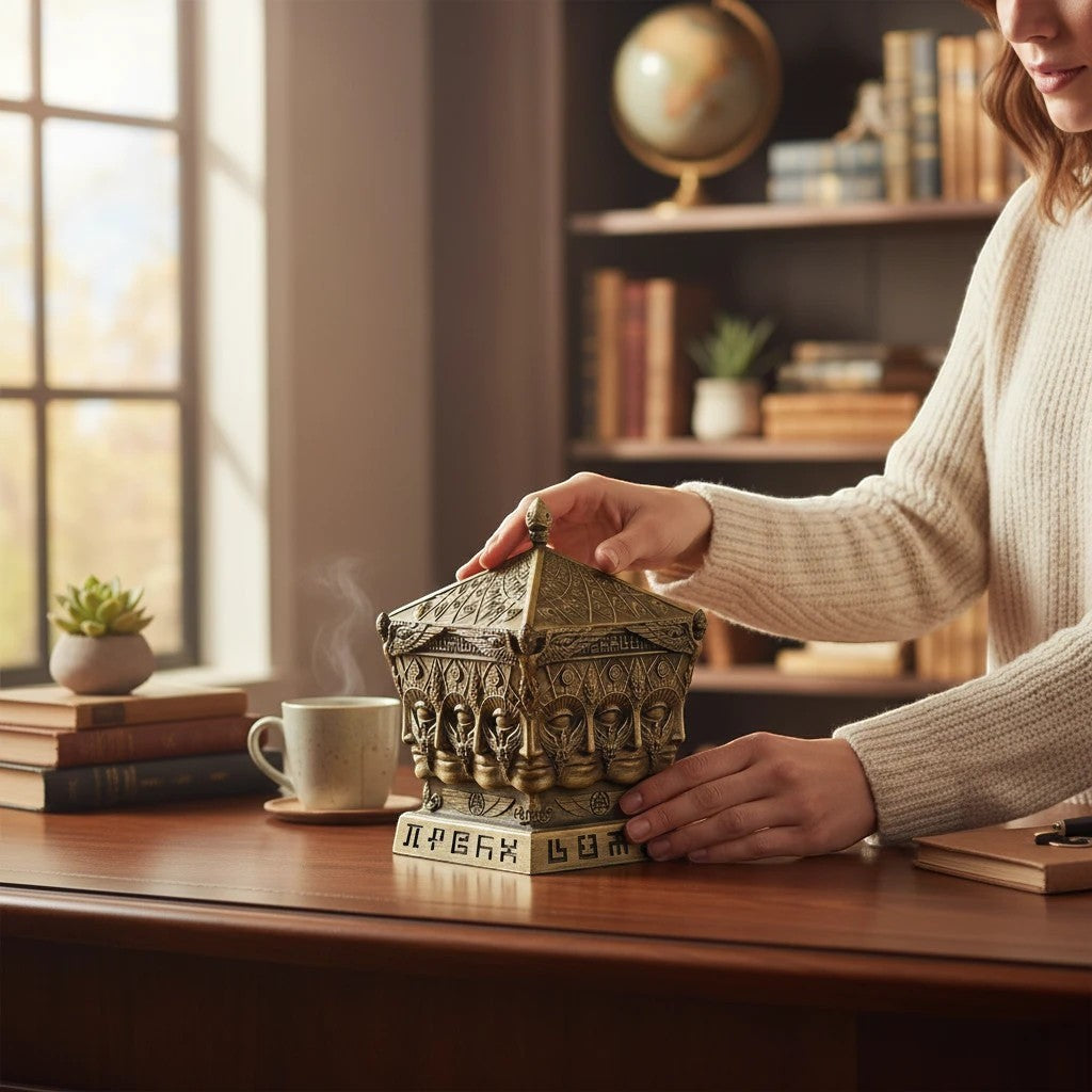 CoSM Shop Entheon Prayer Box, a hand-painted bronze-colored sculpture with intricate carvings and faces. Designed for creative manifestation prayers.