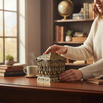 CoSM Shop Entheon Prayer Box, a hand-painted bronze-colored sculpture with intricate carvings and faces. Designed for creative manifestation prayers.