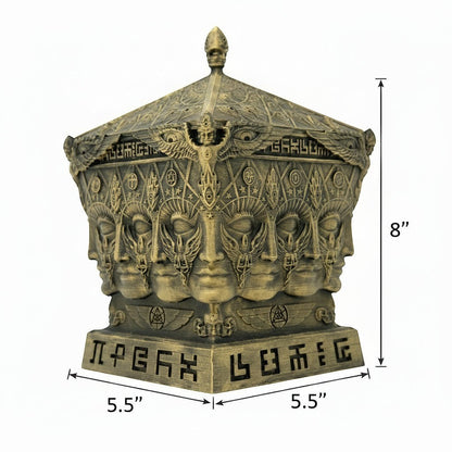 CoSM Shop Entheon Prayer Box, a hand-painted bronze sculpture featuring multiple faces, intricate symbols, and a lid. 5.5" x 5.5" x 8".