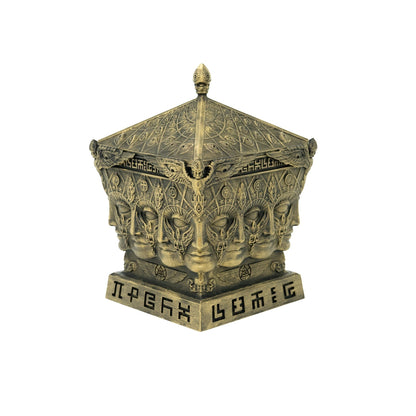 CoSM Shop Entheon Prayer Box, a hand-painted bronze-colored sculpture with intricate faces and symbolic designs.