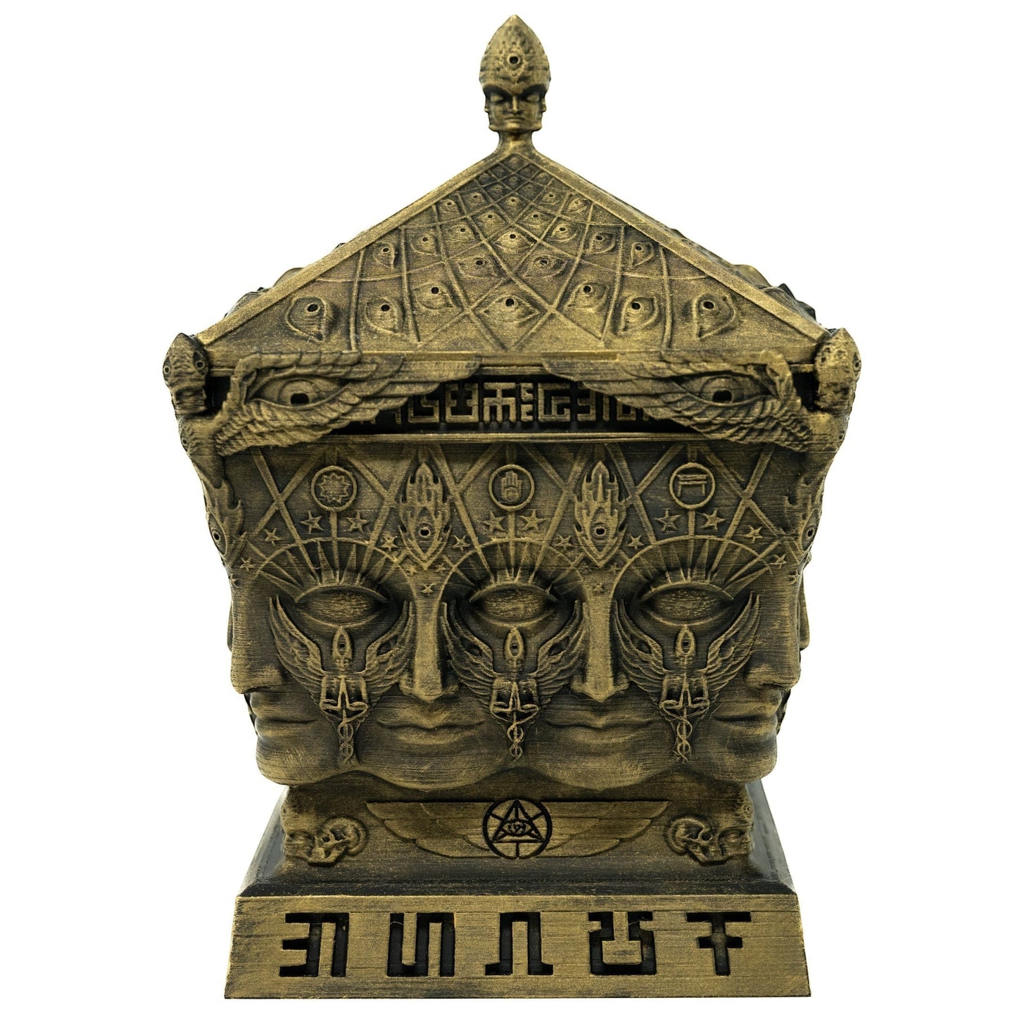 CoSM Shop Entheon Prayer Box, a hand-painted gold sculpture featuring multiple faces, eyes, and symbolic designs.