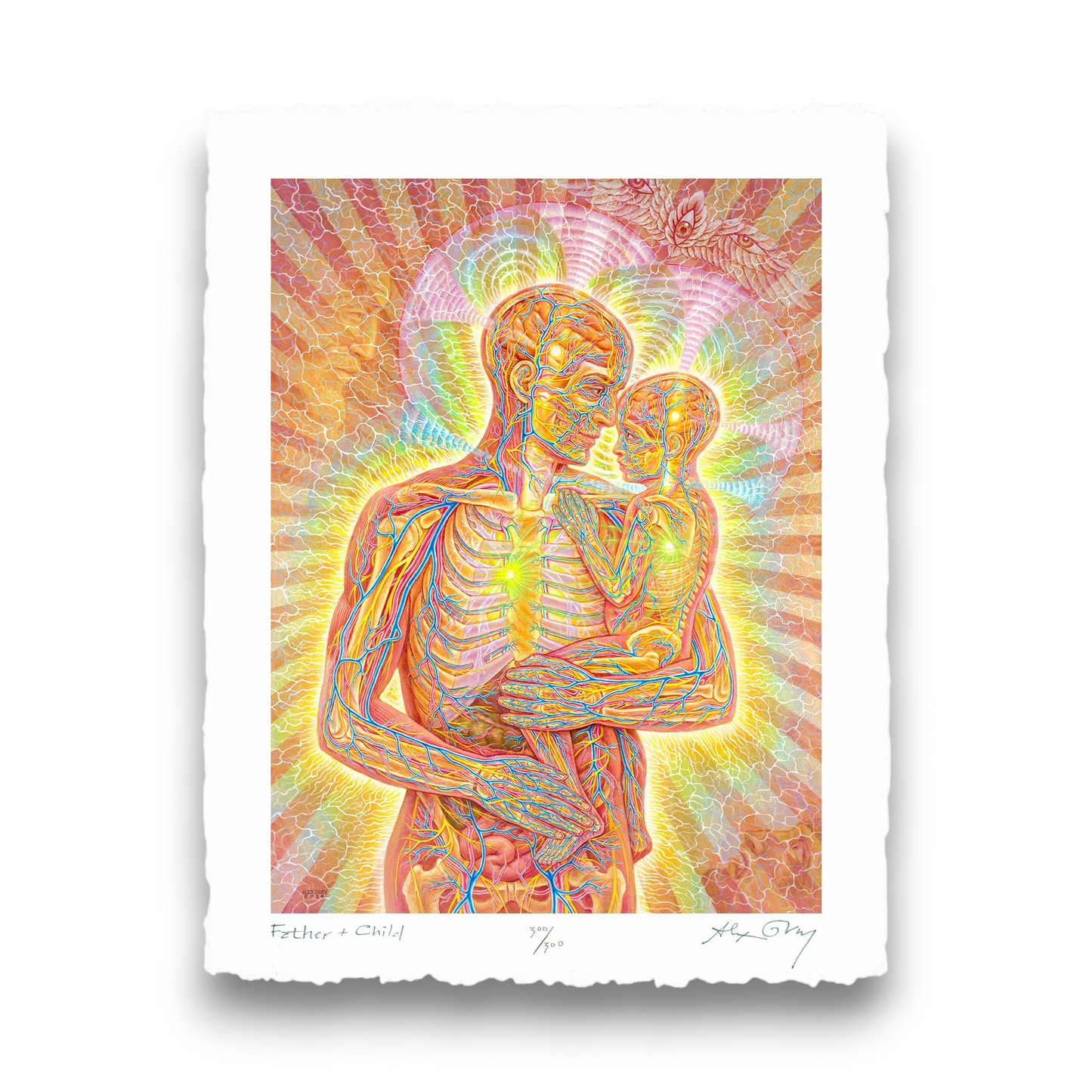 CoSM Shop Father & Child limited edition archival print by Alex Grey, depicting anatomical figures of a father holding a child, vibrant colors, signed and numbered.