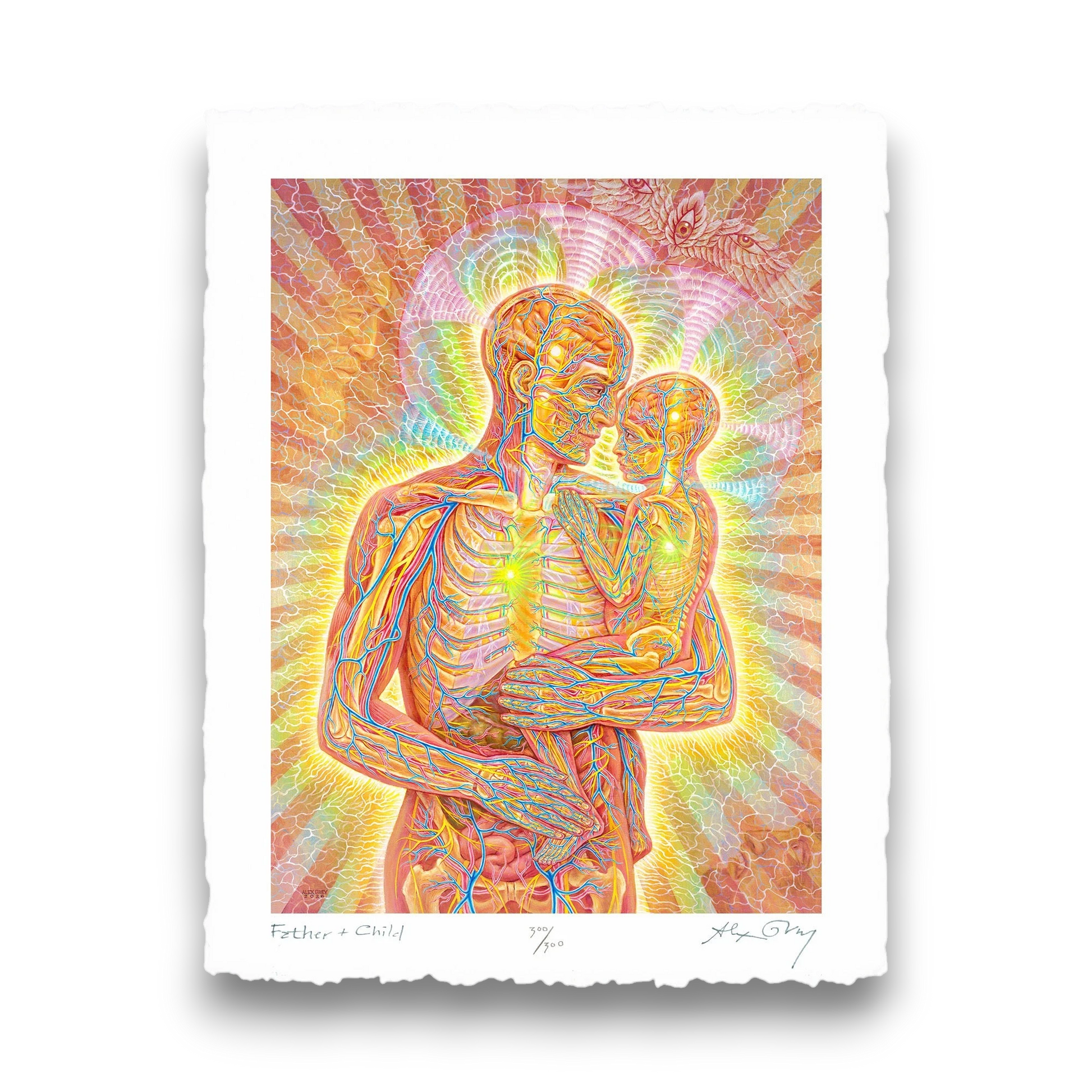 CoSM Shop Father & Child limited edition archival print by Alex Grey, depicting anatomical figures of a father holding a child, vibrant colors, signed and numbered.