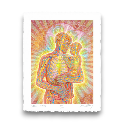 CoSM Shop Father & Child limited edition archival print by Alex Grey, depicting anatomical figures of a father holding a child, vibrant colors, signed and numbered.