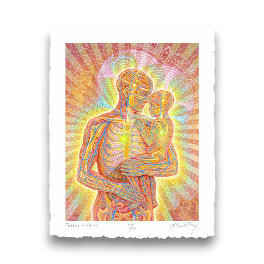 CoSM Shop Father & Child limited edition archival print by Alex Grey, depicting anatomical figures of a father holding a child, vibrant colors, signed and numbered.