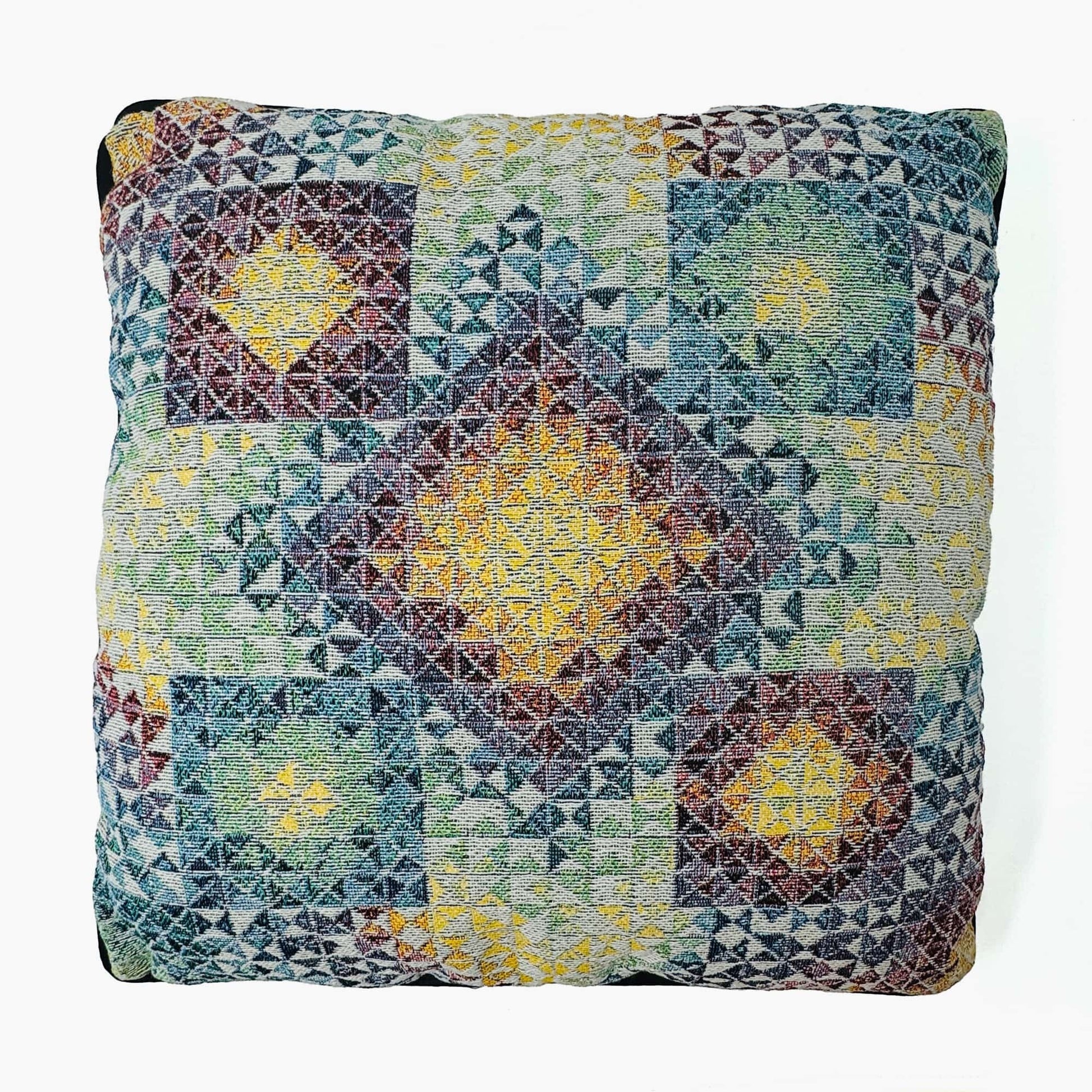 CoSM Shop Gems 3 woven pillow, approx. 14" x 14", featuring a geometric pattern in multicolor recycled cotton.