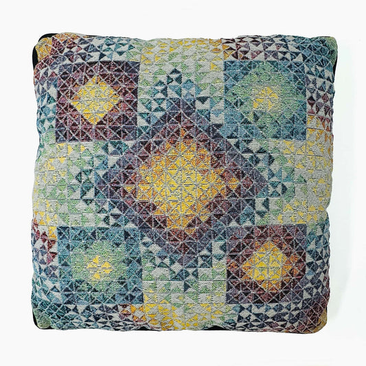 CoSM Shop Gems 3 woven pillow, approx. 14" x 14", featuring a geometric pattern in multicolor recycled cotton.