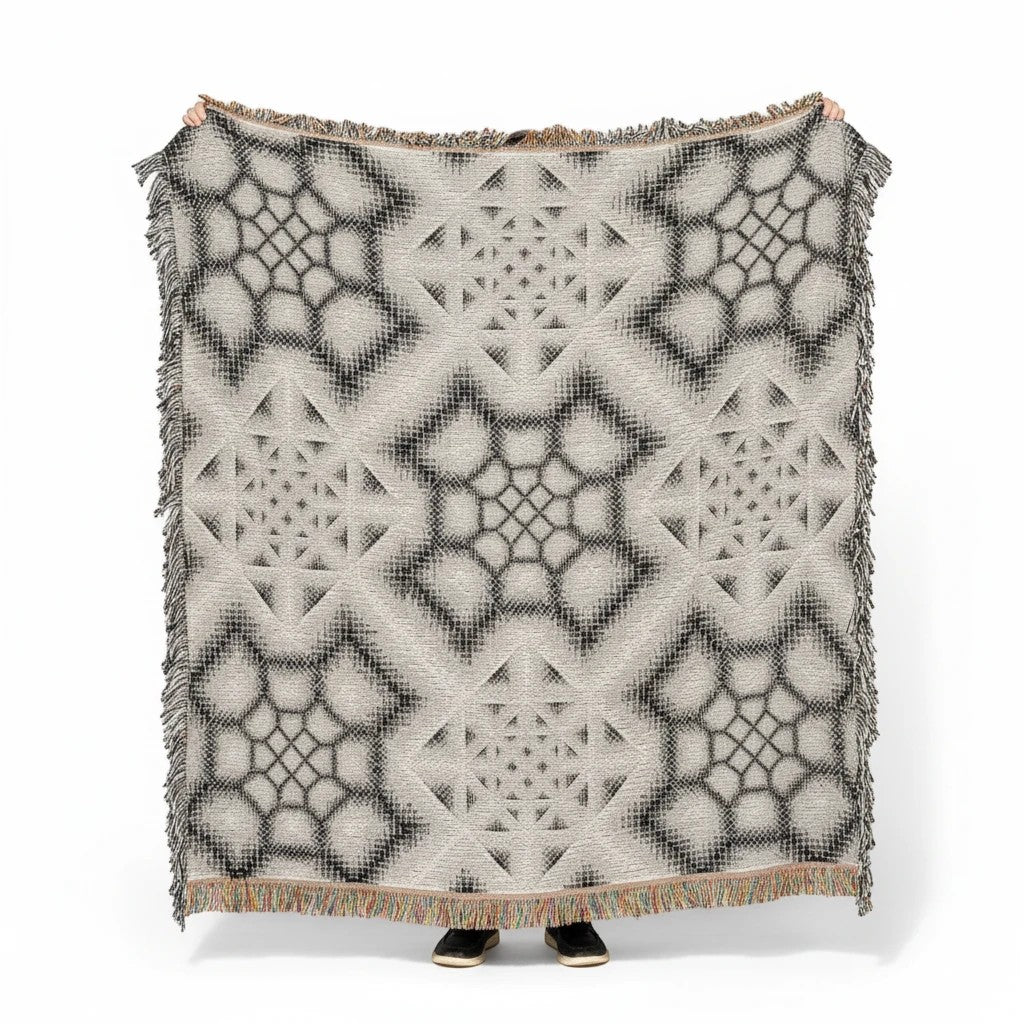 CoSM Shop Inkwash art blanket, 60"x60", woven 100% recycled cotton with a grey scale geometric pattern.