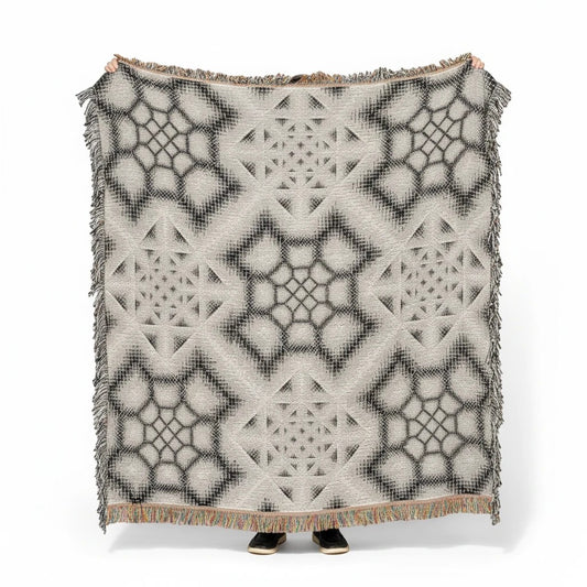 CoSM Shop Inkwash art blanket, 60"x60", woven 100% recycled cotton with a grey scale geometric pattern.