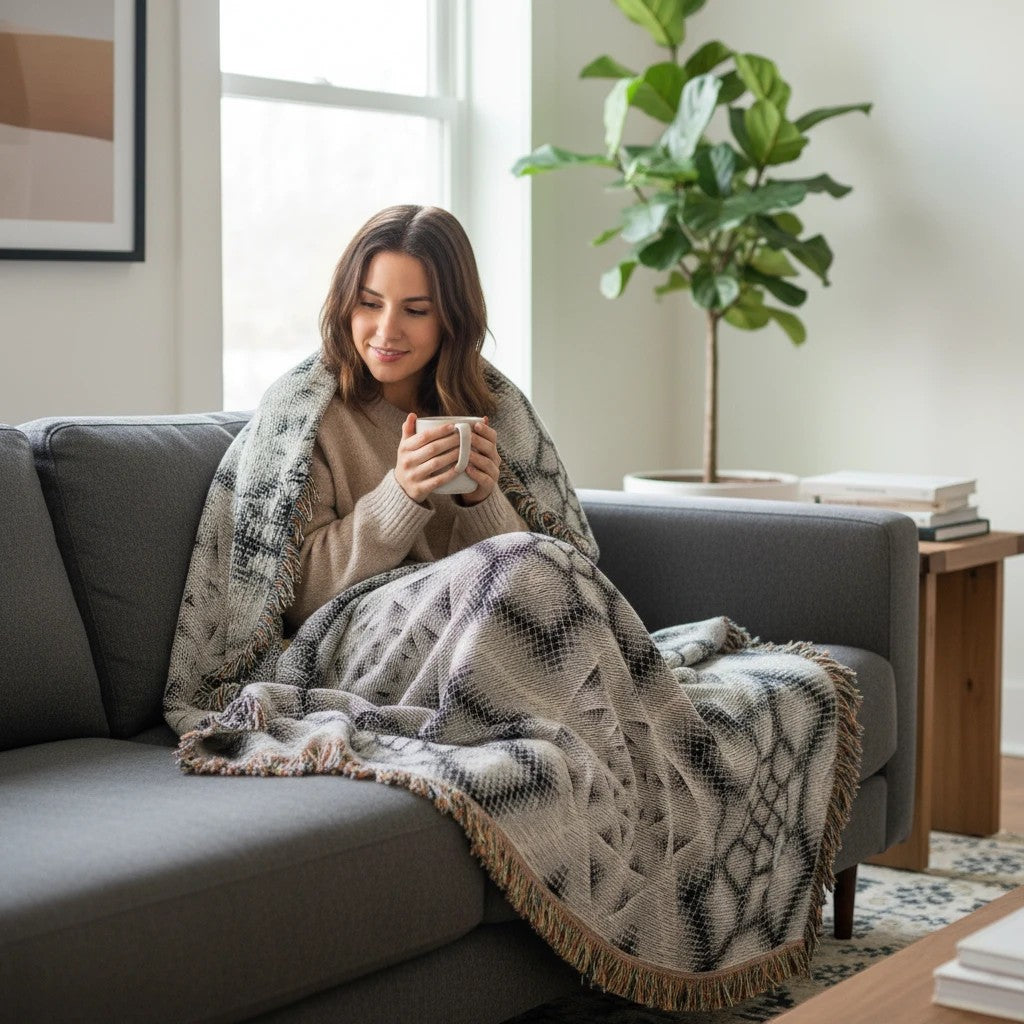 CoSM Shop Inkwash art blanket in grey and white geometric pattern, woven from recycled cotton, draped over a woman holding a mug.