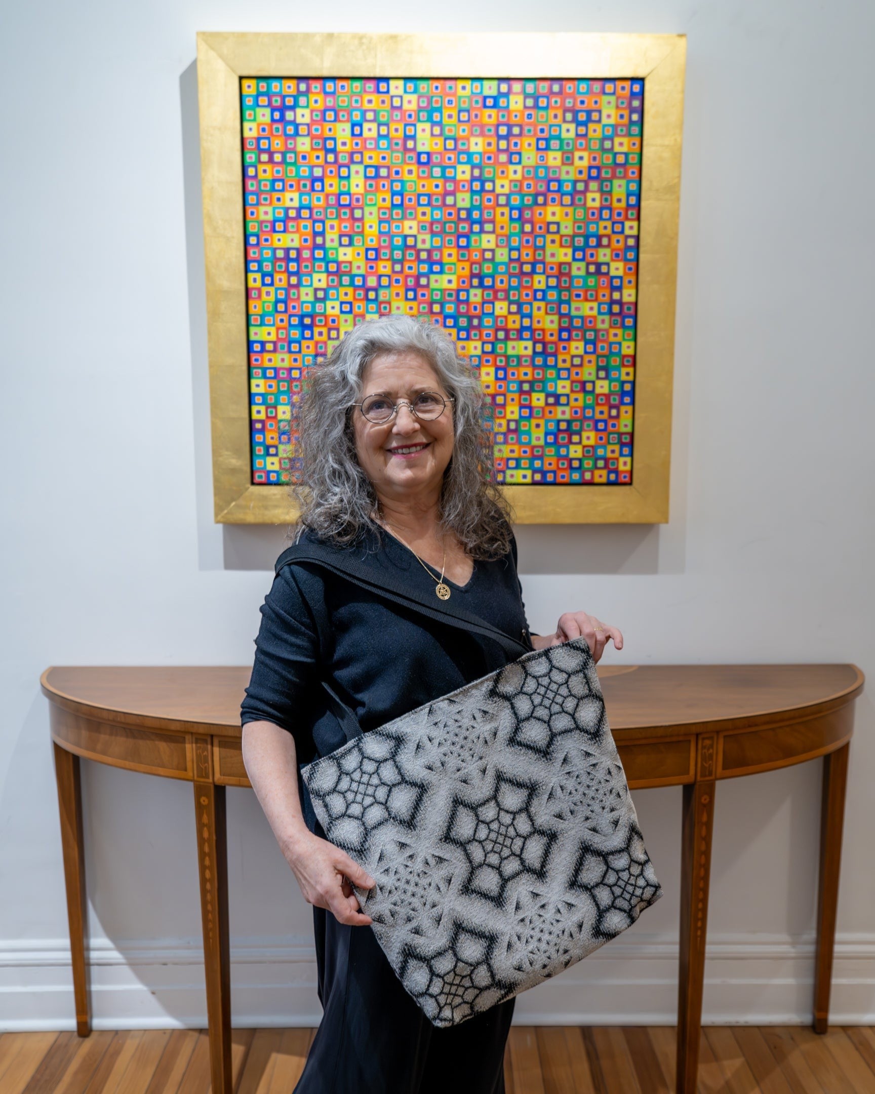 CoSM Shop Inkwash tote bag with black and white geometric tapestry exterior, made from 100% cotton.