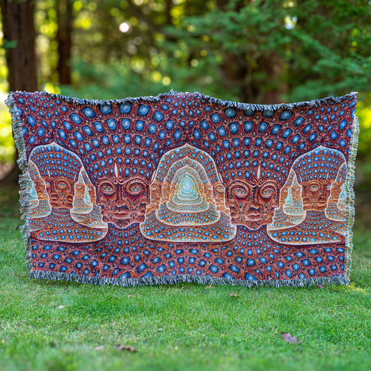 CoSM Shop Net of Being XL art blanket by Alex Grey, featuring intricate faces and cosmic patterns in red, blue, and orange. Made from 100% recycled cotton.