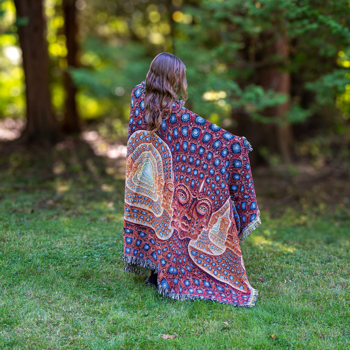 CoSM Shop Net of Being XL art blanket by Alex Grey, featuring intricate cosmic patterns in red, blue, and gold. 100% recycled cotton.