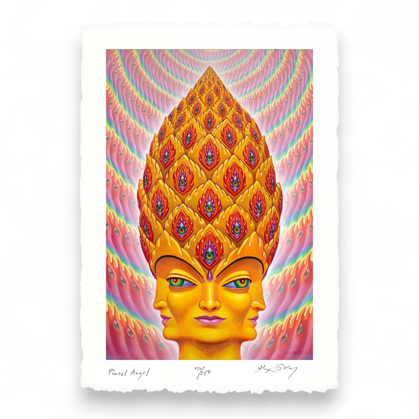 CoSM Shop Pineal Angel limited edition paper print by Alex Grey, featuring a golden multi-faced angelic figure with a pinecone-shaped headdress and rainbow-hued eyes.