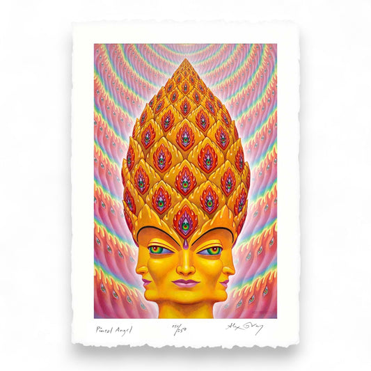 CoSM Shop Pineal Angel limited edition paper print by Alex Grey, featuring a golden multi-faced angelic figure with a pinecone-shaped headdress and rainbow-hued eyes.