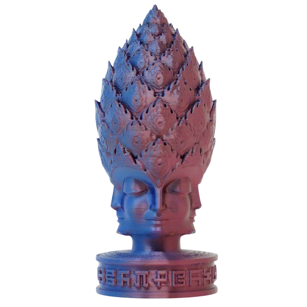 CoSM Shop Pineal Angel sculpture with four faces and a pinecone-like crown, 4" height, blue and pink.