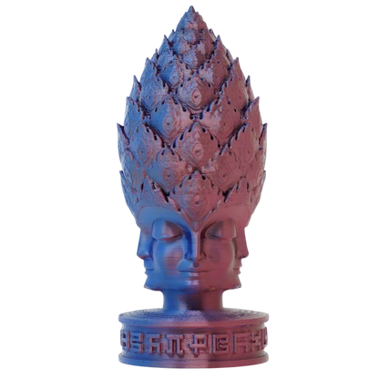 CoSM Shop Pineal Angel sculpture with four faces and a pinecone-like crown, 4" height, blue and pink.