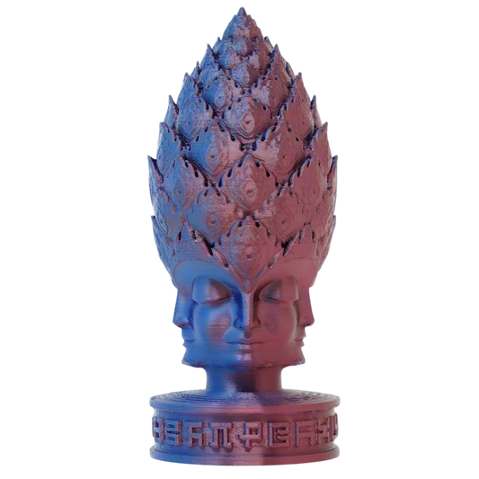 CoSM Shop Pineal Angel sculpture with four faces and a pinecone-like crown, 4" height, blue and pink.