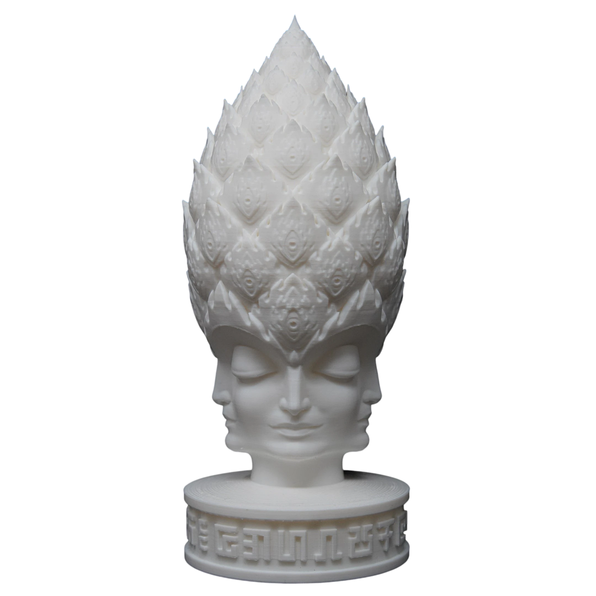CoSM Shop Pineal Angel sculpture, an 8-inch white printed art piece inspired by Alex Grey, featuring multiple faces and a pinecone-like headdress.