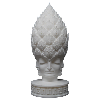 CoSM Shop Pineal Angel sculpture, an 8-inch white printed art piece inspired by Alex Grey, featuring multiple faces and a pinecone-like headdress.