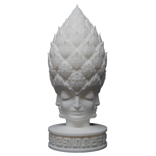 CoSM Shop Pineal Angel sculpture, an 8-inch white printed art piece inspired by Alex Grey, featuring multiple faces and a pinecone-like headdress.