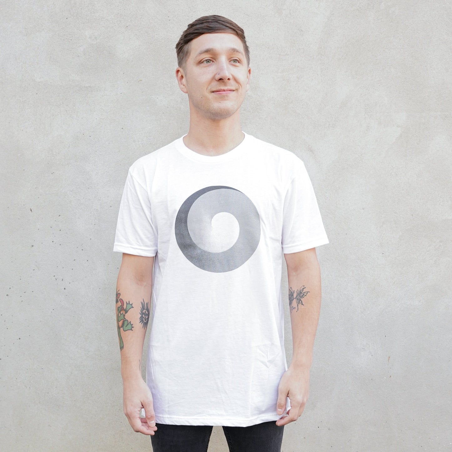 CoSM Shop white t-shirt with Alex Grey's Polar Unity Spiral screen print. Short sleeves, crew neck.
