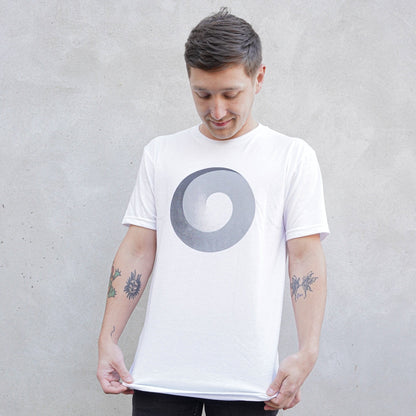 CoSM Shop white t-shirt with Alex Grey's Polar Unity Spiral screen print. Soft, durable, and vibrant water-based ink.