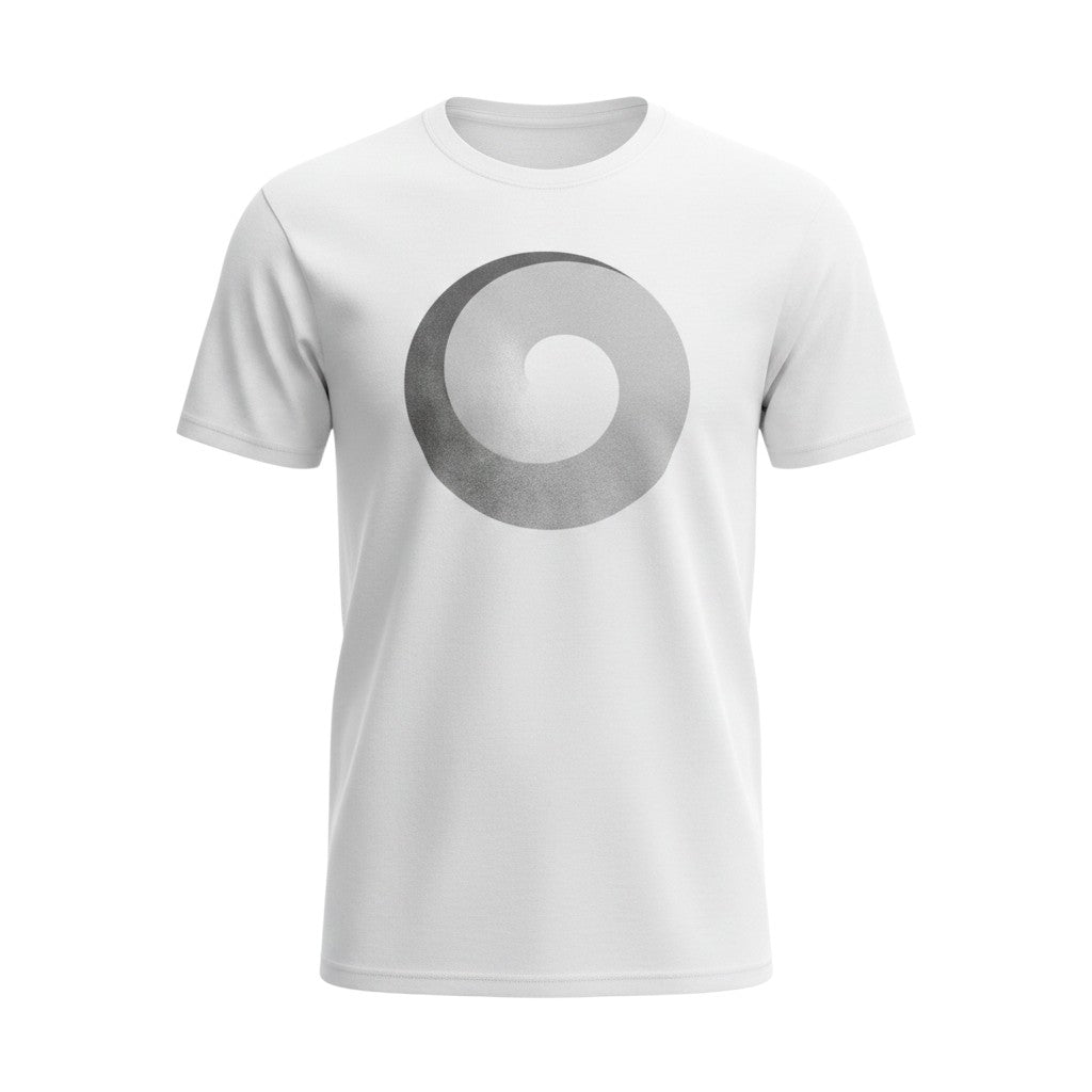 CoSM Shop white cotton t-shirt with Alex Grey's Polar Unity Spiral screen print. Short sleeves, crew neck.