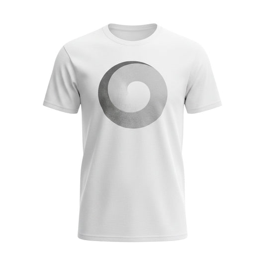 CoSM Shop white cotton t-shirt with Alex Grey's Polar Unity Spiral screen print. Short sleeves, crew neck.