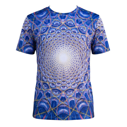 CoSM Shop blue all-over print dye-sub t-shirt with a psychedelic eye pattern and a central white light vortex.